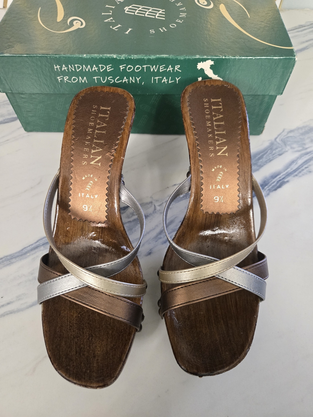 Italian Shoemakers Women's Brown and Silver Leather Slide Sandals